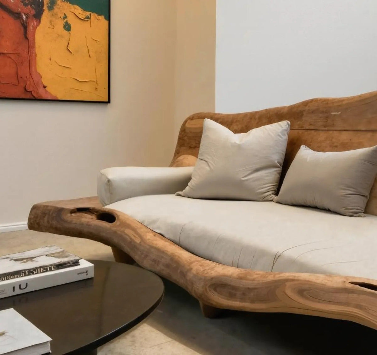 Organic Sculptural Wood Sofa For Living Room Lounge Entryway Or Office Featuring Natural Edge Design And Handcrafted Cur
