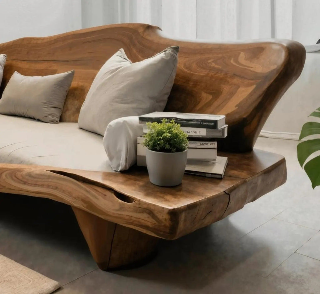 Organic Sculptural Wood Sofa For Living Room Lounge Entryway Or Office Featuring Natural Edge Design And Handcrafted Cur