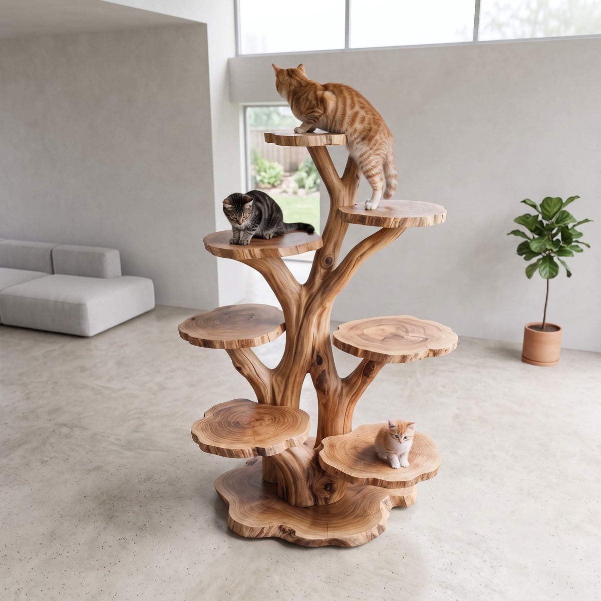 Live Edge Slice Tiered Solid Wood Cat Tree Freestanding Multi Level Perch
