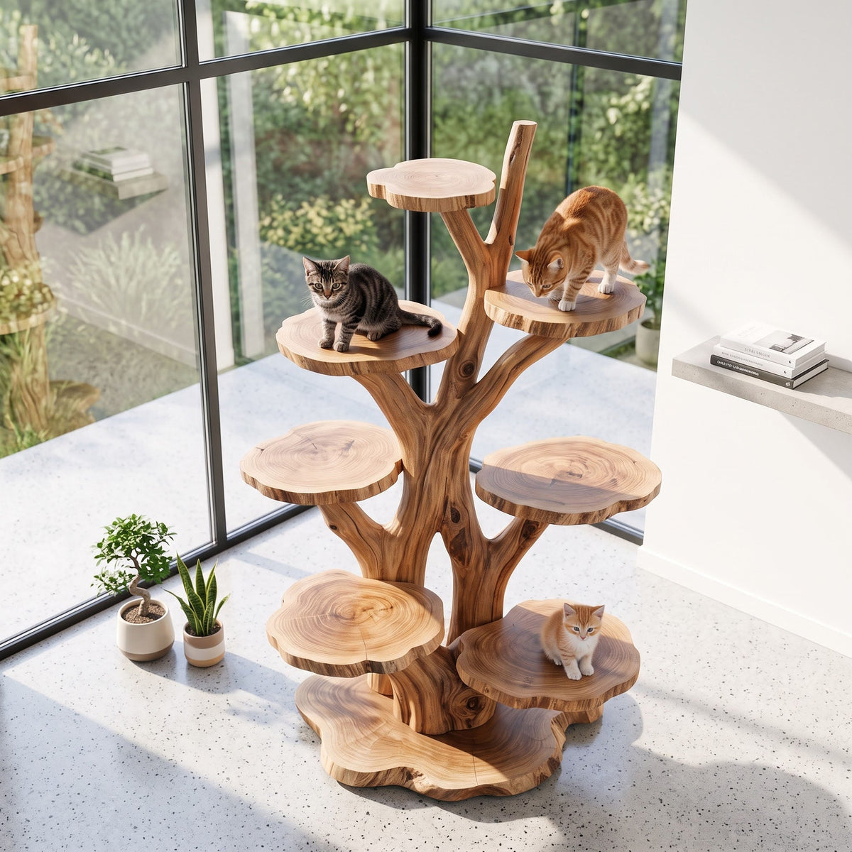 Live Edge Slice Tiered Solid Wood Cat Tree Freestanding Multi Level Perch
