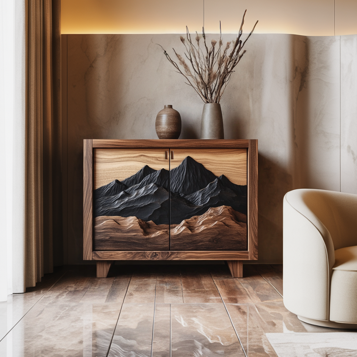 Carved Wood Sideboard Cabinet, Curved Drawer Rustic Credenza