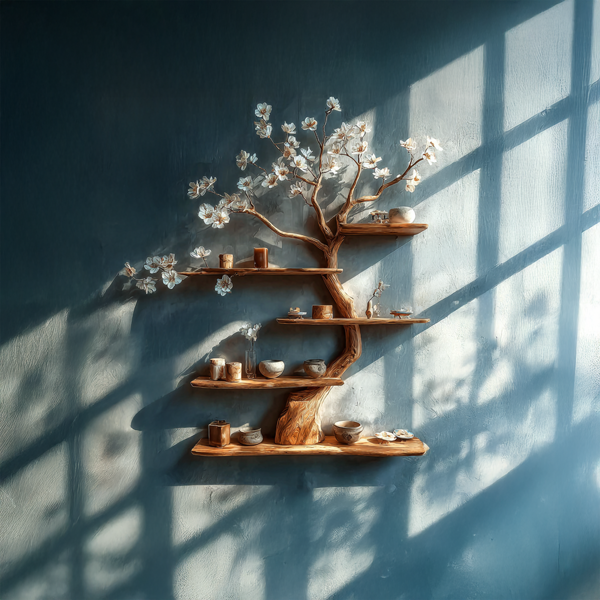 Tree Wall Shelf, Apricot Branch Solid Wood Bookshelf Art Display