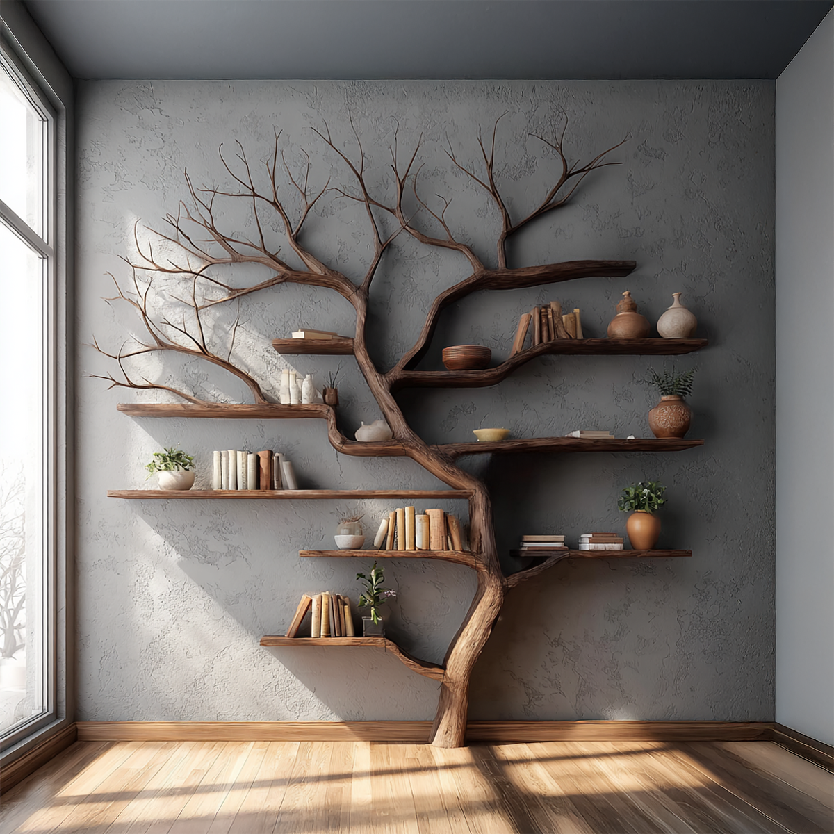 Square Branch Wall Bookshelf with Floating Shelves, 60 x 60 in