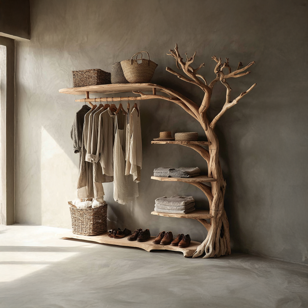Rustic Tree Branch Coat Rack with Shoe Shelf and Live Edge