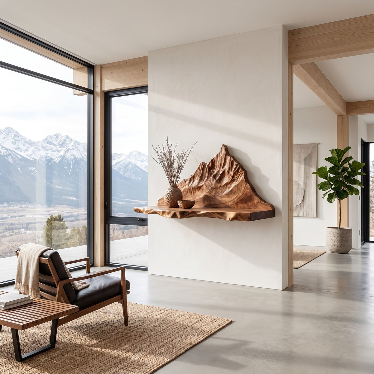 Mountain Landscape Relief Solid Wood Floating Shelf Live Edge Display Ledge