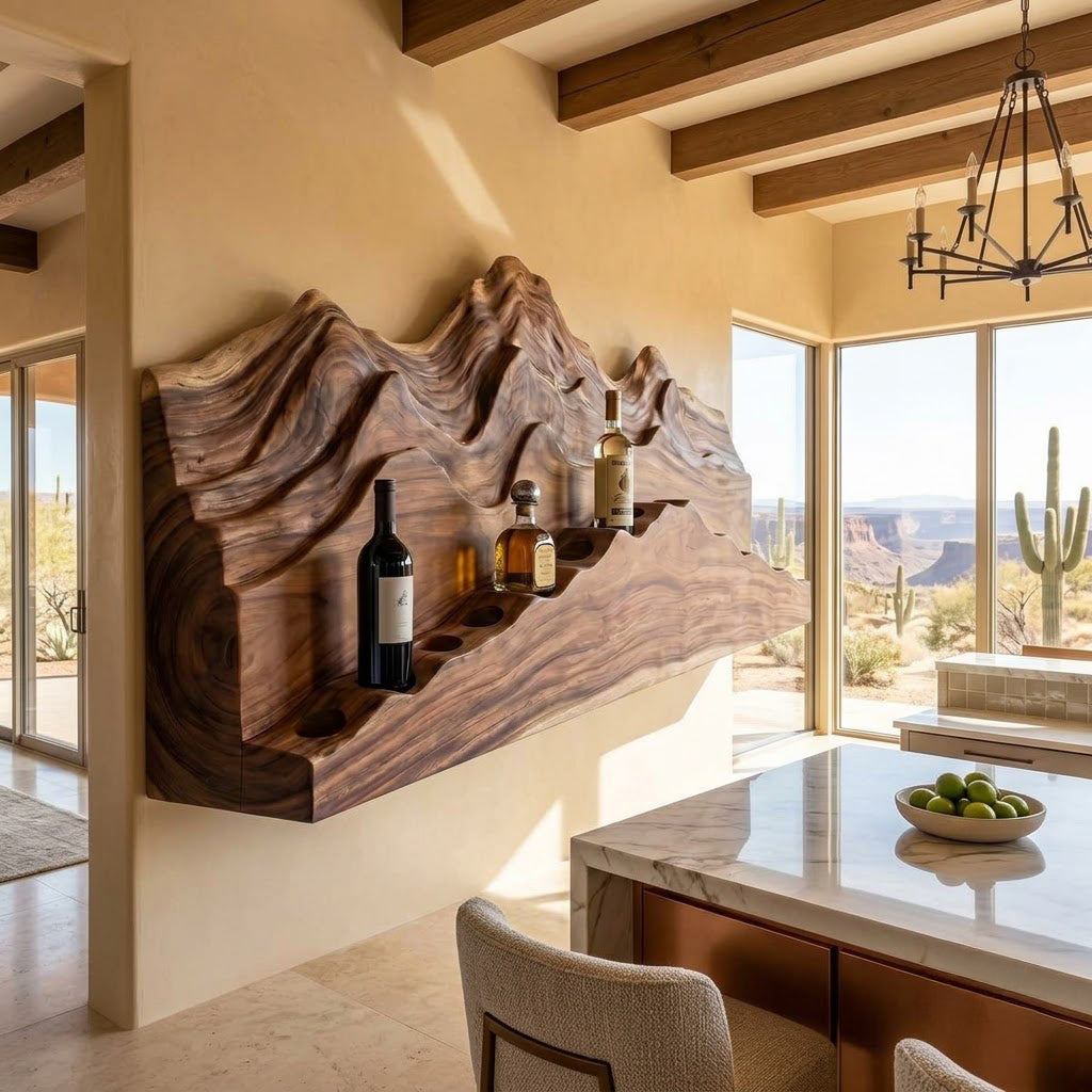 Mountain Landscape Relief Solid Wood Wine Rack Sculptural Wall Mounted Bar Shelf