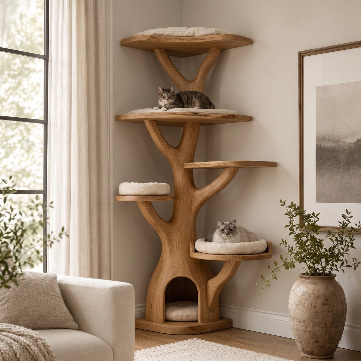 Nature Inspired Branch Solid Wood Corner Cat Tree Tower Condo
