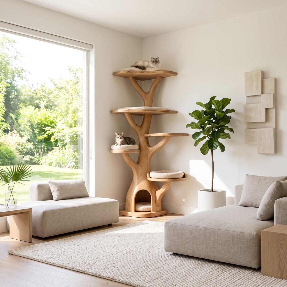 Nature Inspired Branch Solid Wood Corner Cat Tree Tower Condo
