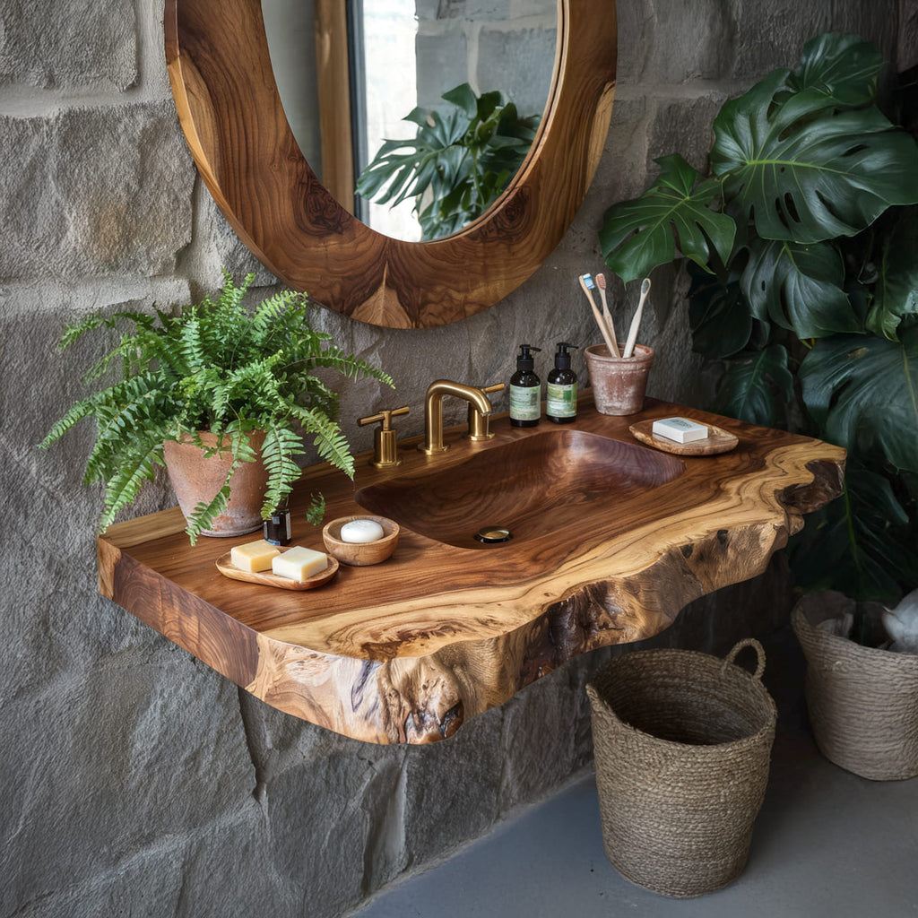 Organic Live Edge Solid Wood Bathroom Vanity Shelf With Integrated Sink