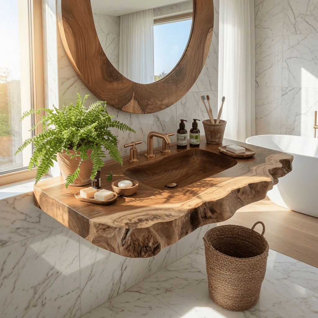 Organic Live Edge Solid Wood Bathroom Vanity Shelf With Integrated Sink