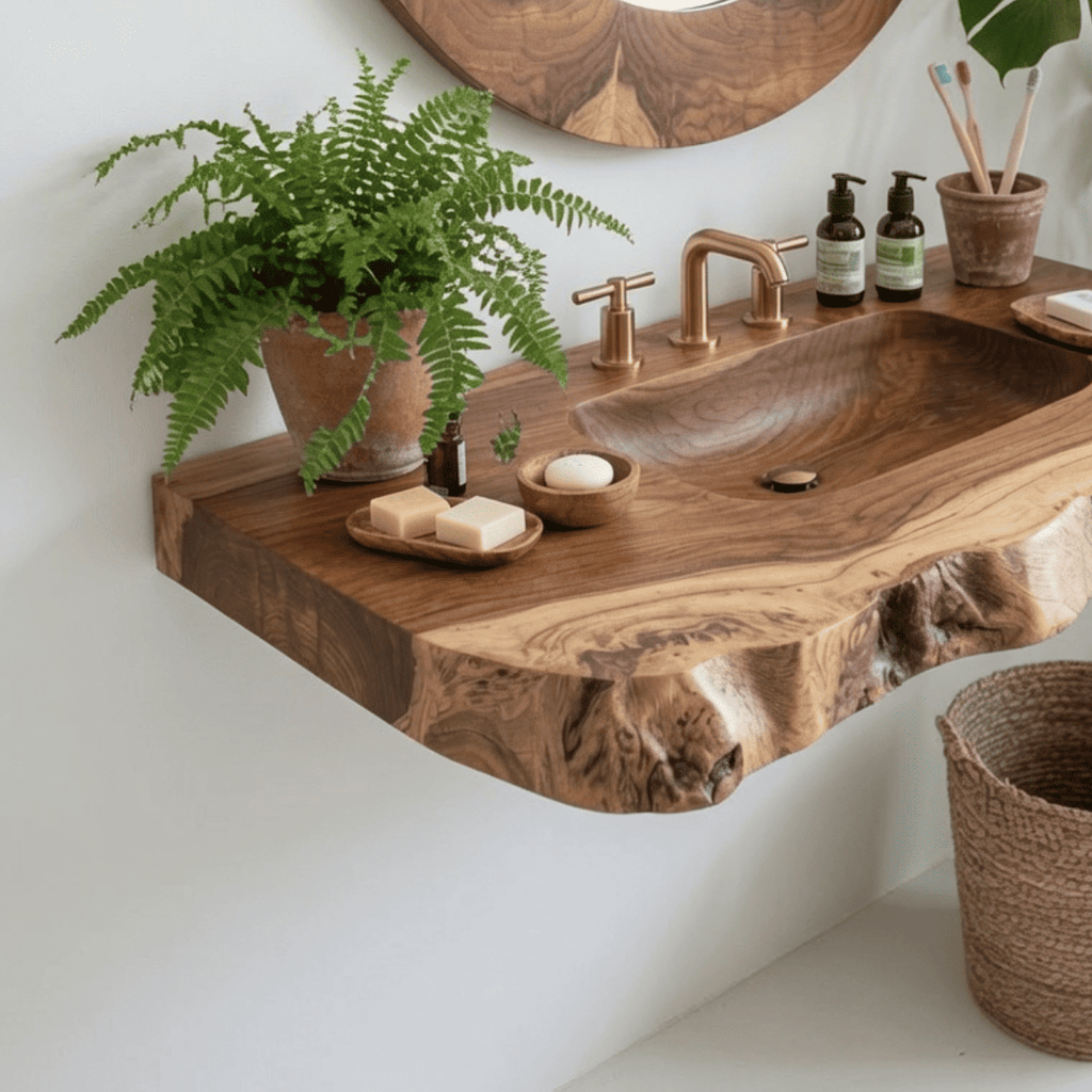 Organic Live Edge Solid Wood Bathroom Vanity Shelf With Integrated Sink