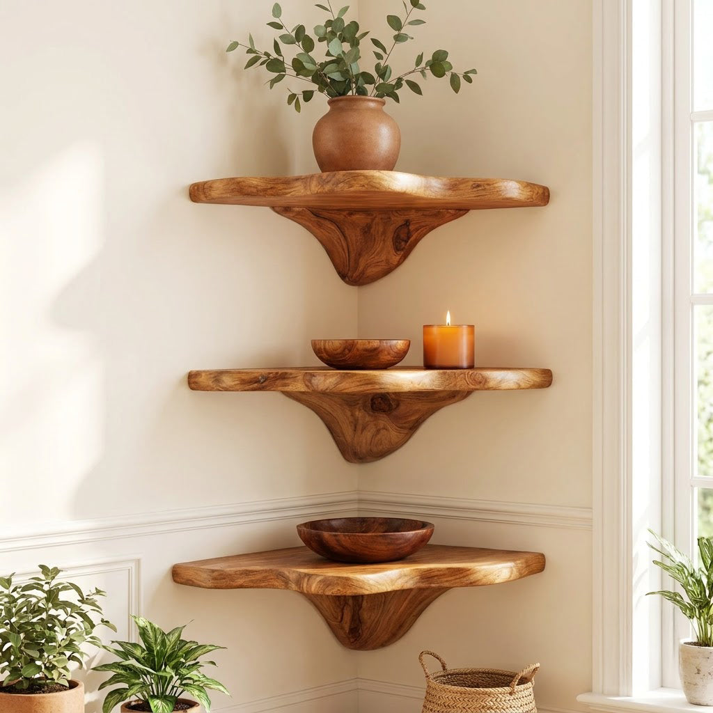 Sculptural Hand-Carved Mushroom Solid Wood Corner Floating Shelf & Biomorphic Wall Display Ledge