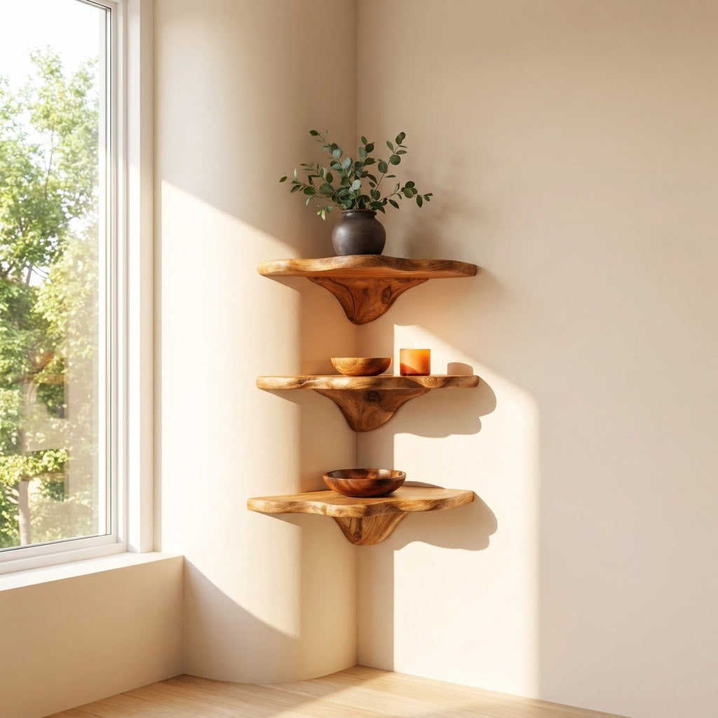Sculptural Hand-Carved Mushroom Solid Wood Corner Floating Shelf & Biomorphic Wall Display Ledge