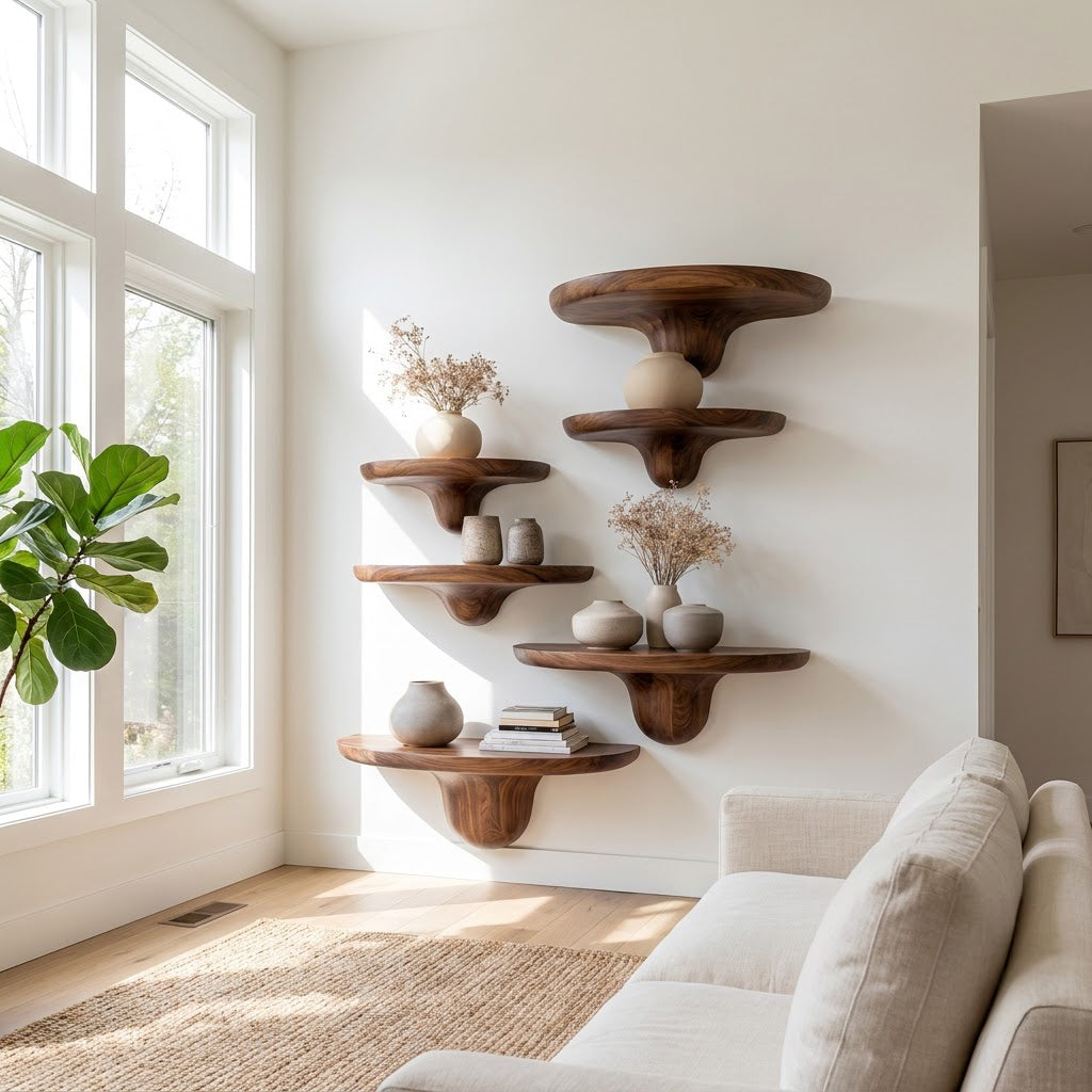 Sculptural Hand-Carved Mushroom Solid Wood Floating Shelves & Biomorphic Wall Display Ledges