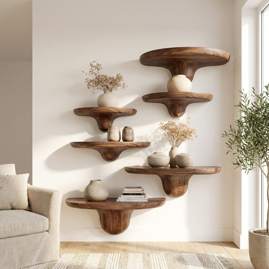 Sculptural Hand-Carved Mushroom Solid Wood Floating Shelves & Biomorphic Wall Display Ledges