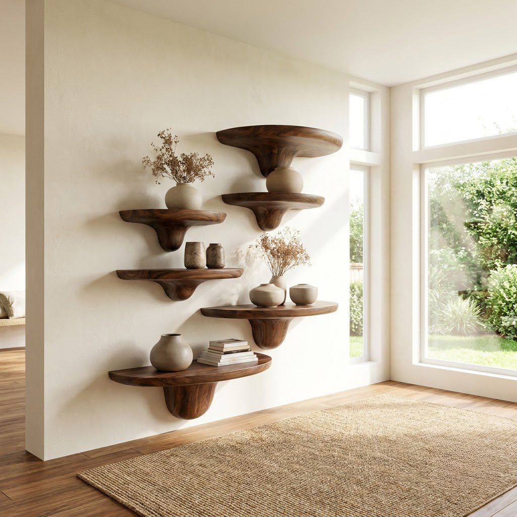 Sculptural Hand-Carved Mushroom Solid Wood Floating Shelves & Biomorphic Wall Display Ledges