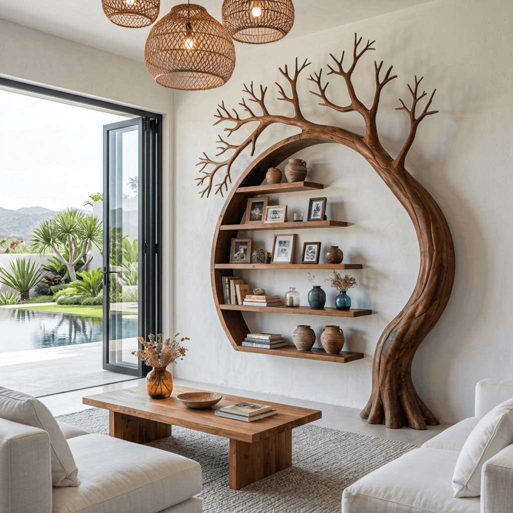 Sculptural Hand-Carved Tree Moon Solid Wood Bookshelf & Architectural Display Unit