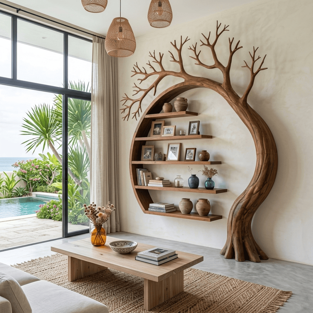 Sculptural Hand-Carved Tree Moon Solid Wood Bookshelf & Architectural Display Unit