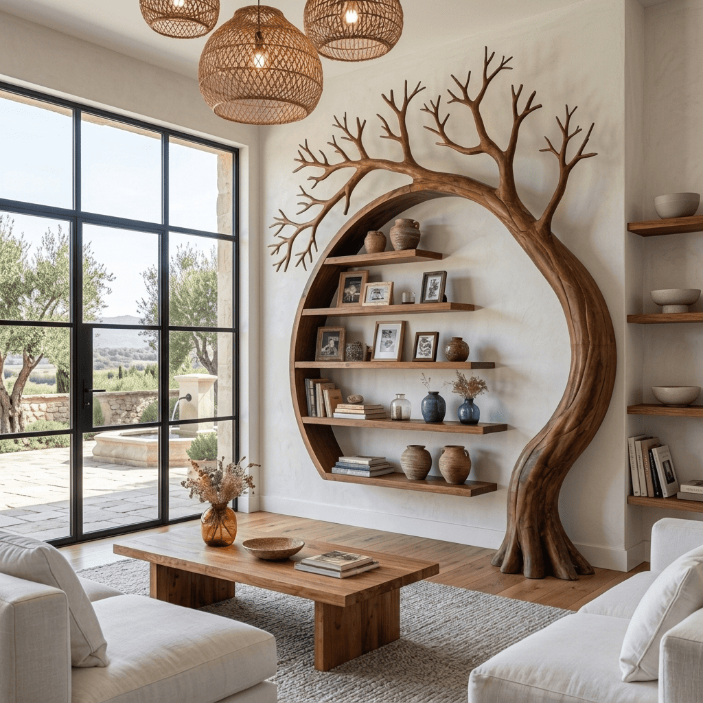 Sculptural Hand-Carved Tree Moon Solid Wood Bookshelf & Architectural Display Unit