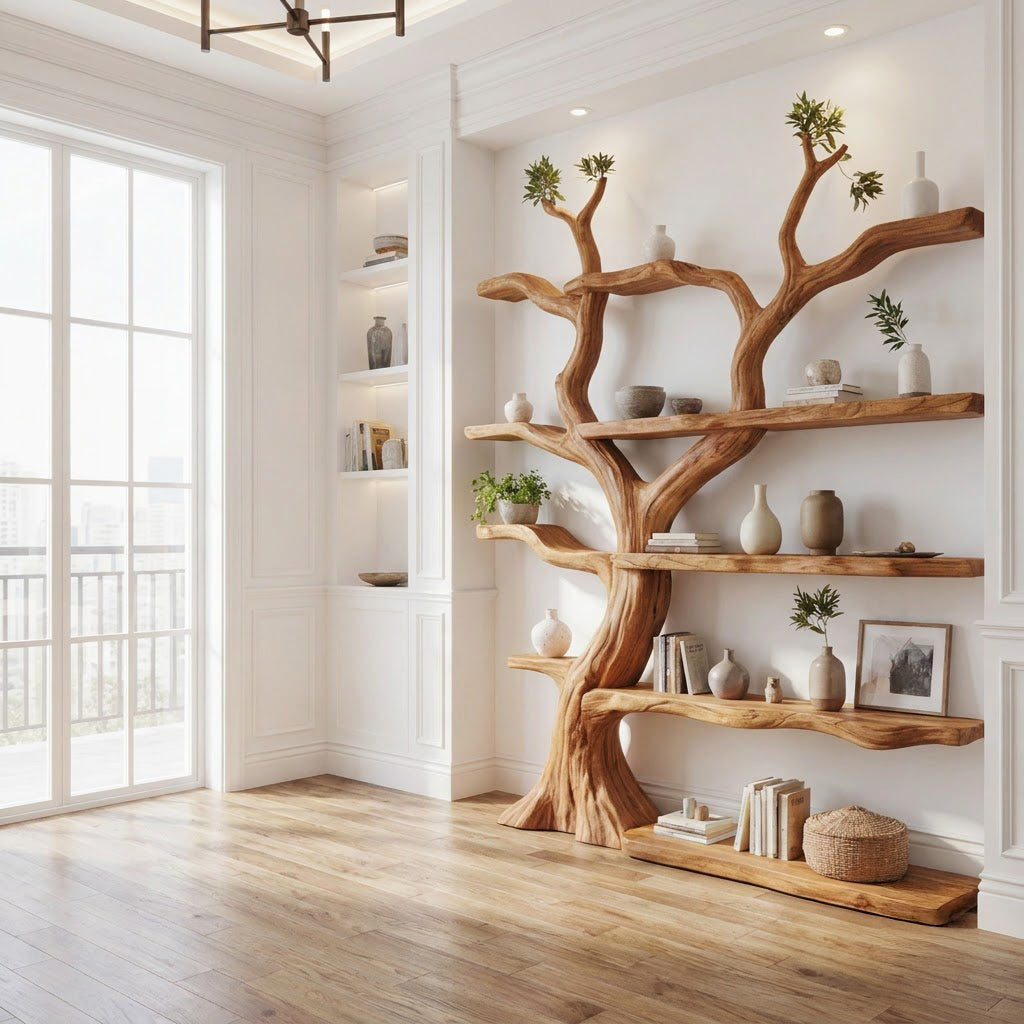 Sculptural Hand-Carved Tree Solid Wood Bookshelf With Organic Live-Edge Floating Shelves