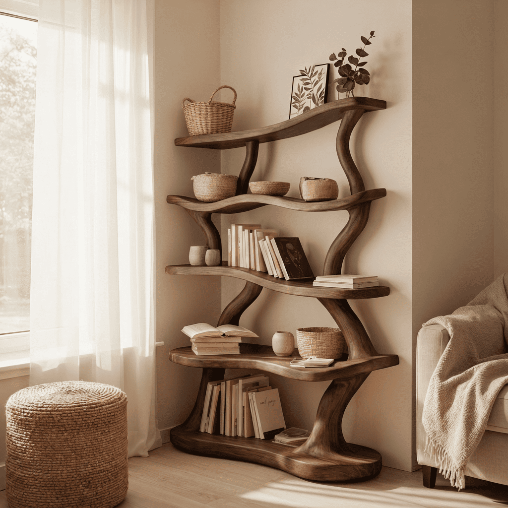 Sculptural Handcrafted Wave Solid Wood 5-Tier Bookshelf With Integrated LED Illumination