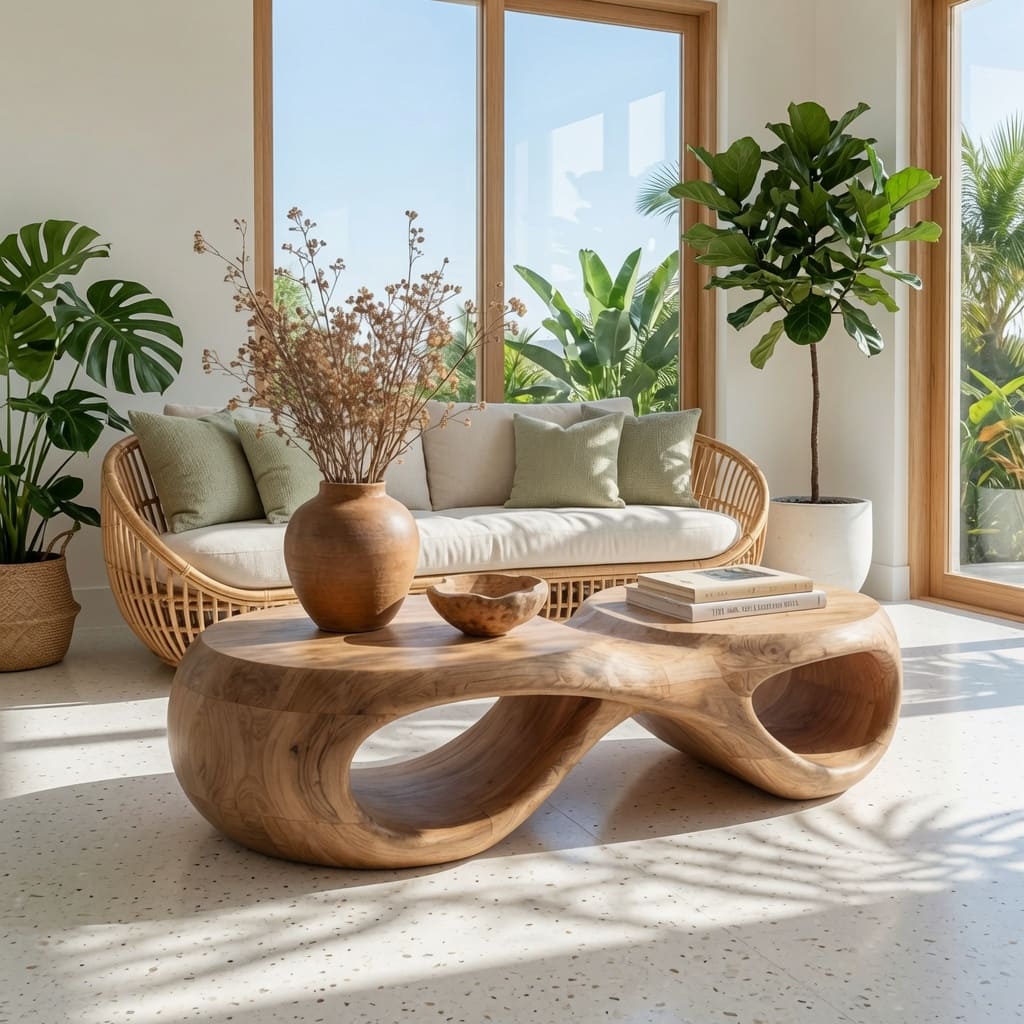 Sculptural Organic Live Edge Wood Coffee Table Biophilic Living Room Table