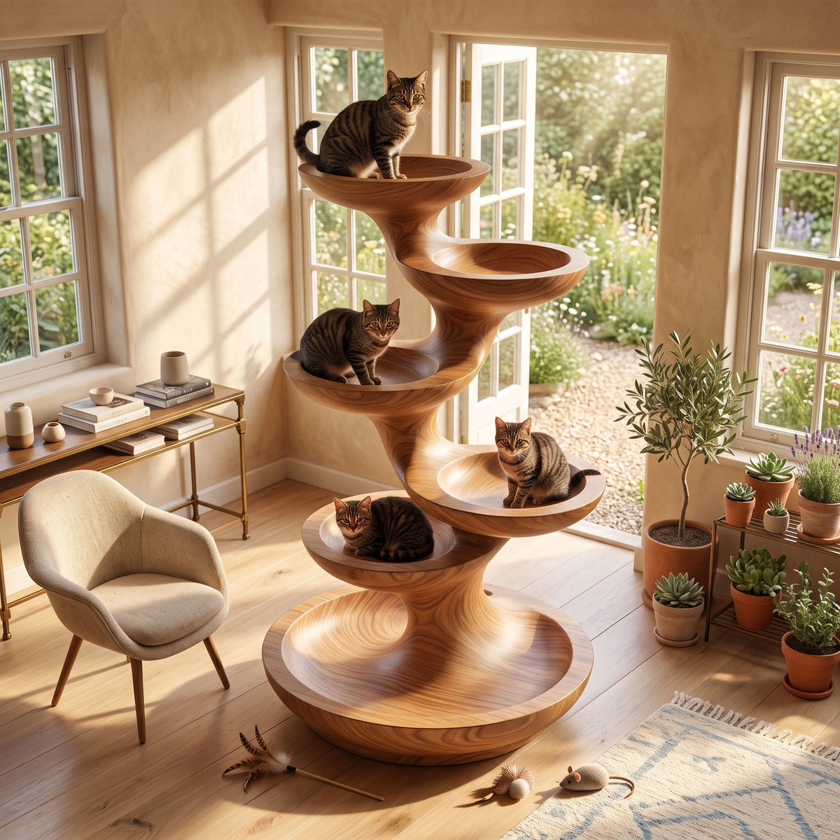 Sculptural Spiral Solid Wood Cat Tree Tiered Modern Feline Lounger