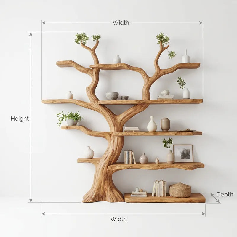 Sculptural Hand-Carved Tree Solid Wood Bookshelf With Organic Live-Edge Floating Shelves