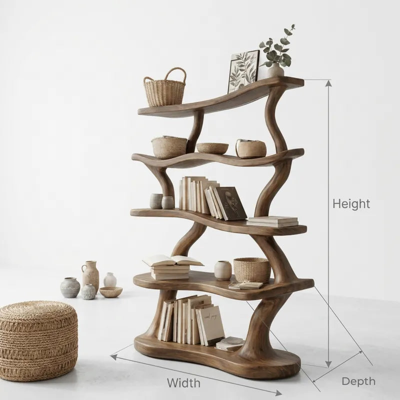 Sculptural Handcrafted Wave Solid Wood 5-Tier Bookshelf With Integrated LED Illumination