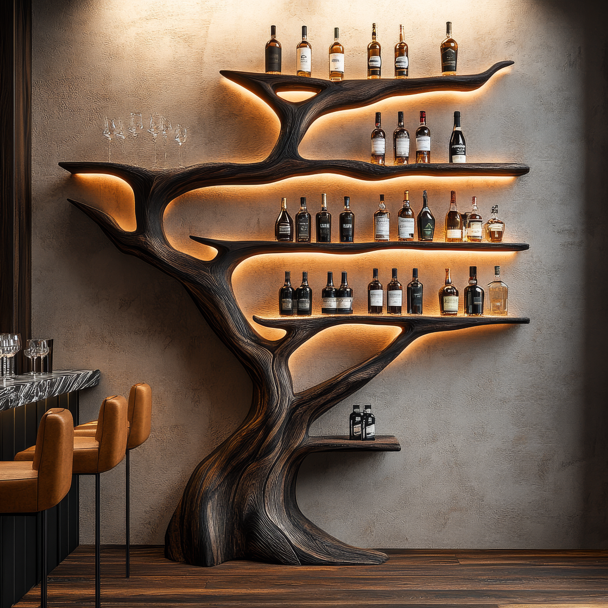 Solid Hardwood Tree Wine Rack with Integrated LED Backlighting