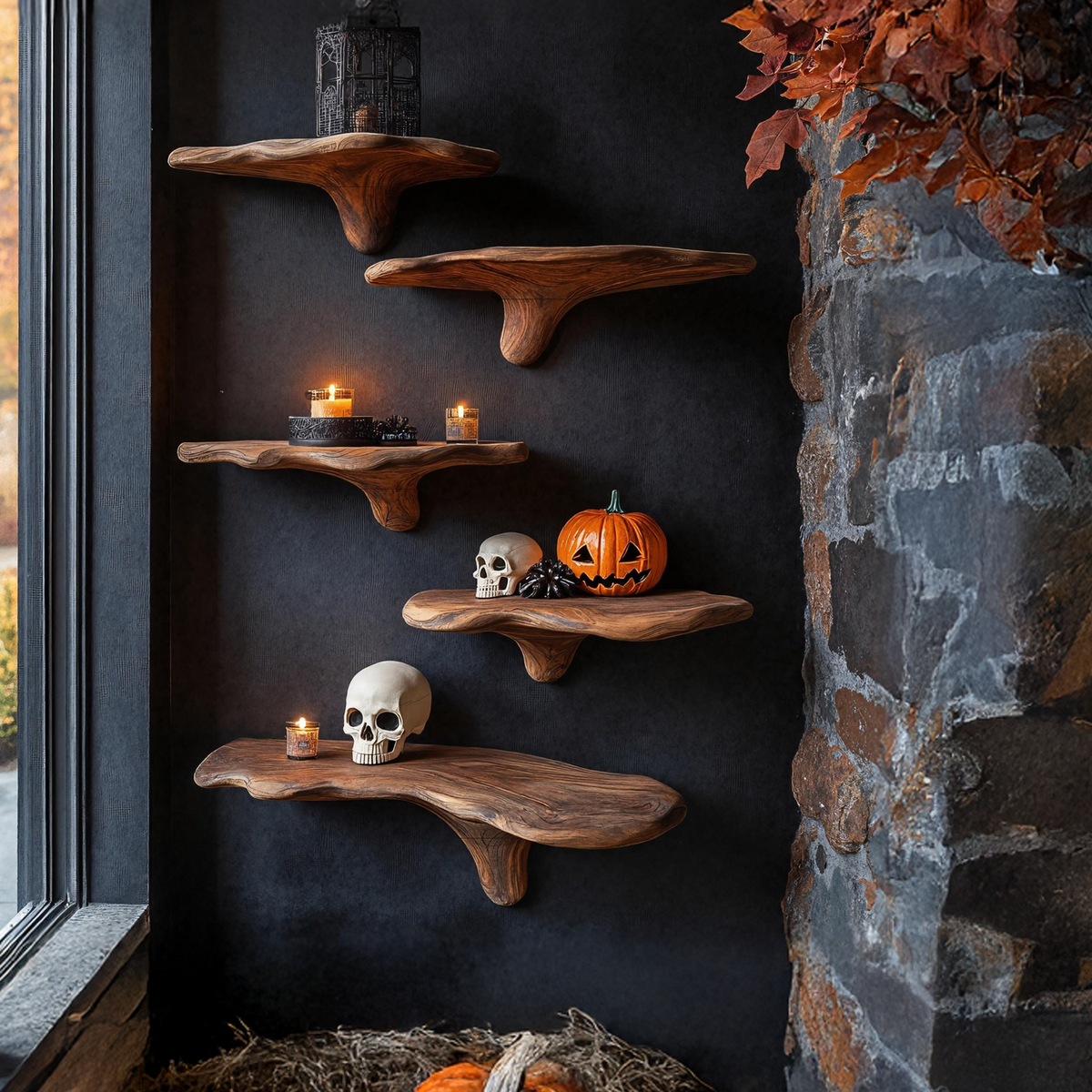 Mushroom Cap Live Edge Wood Wall Shelf for Plants and Fall Decor