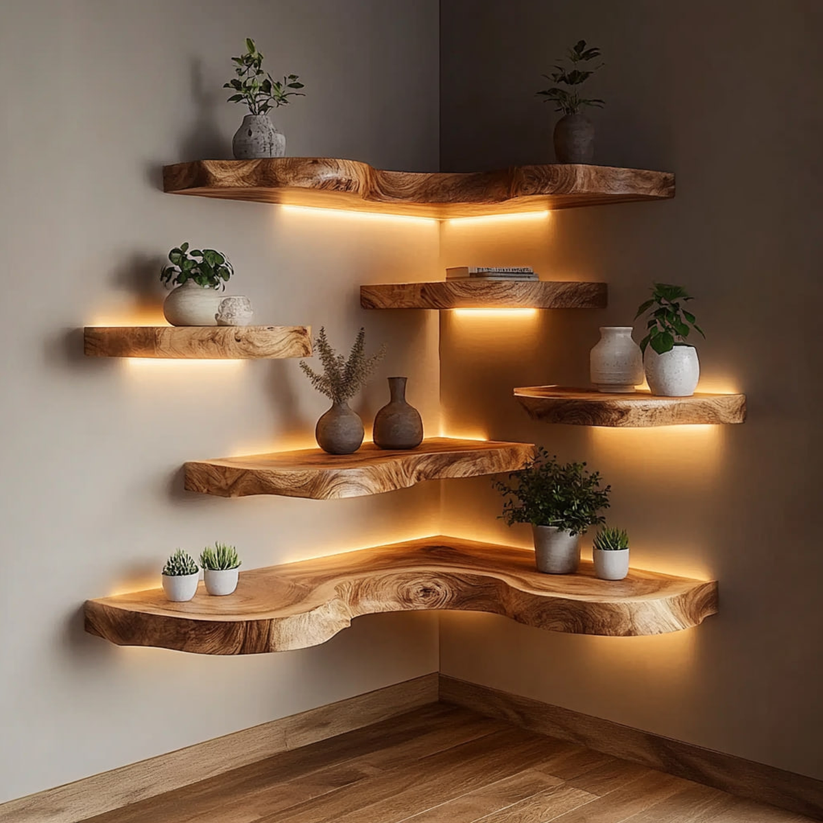 Floating Corner Shelf, Live Edge Hardwood Kitchen Corner Shelf