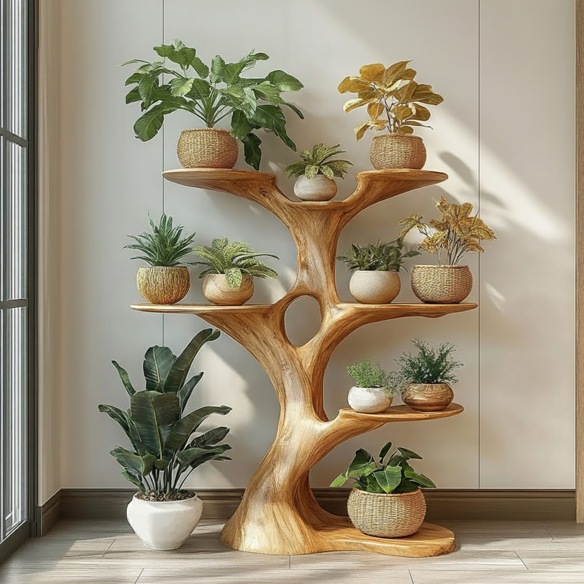 Tree Form Solid Wood Multi-Level Plant Stand, 59 To 80 Inch Tall