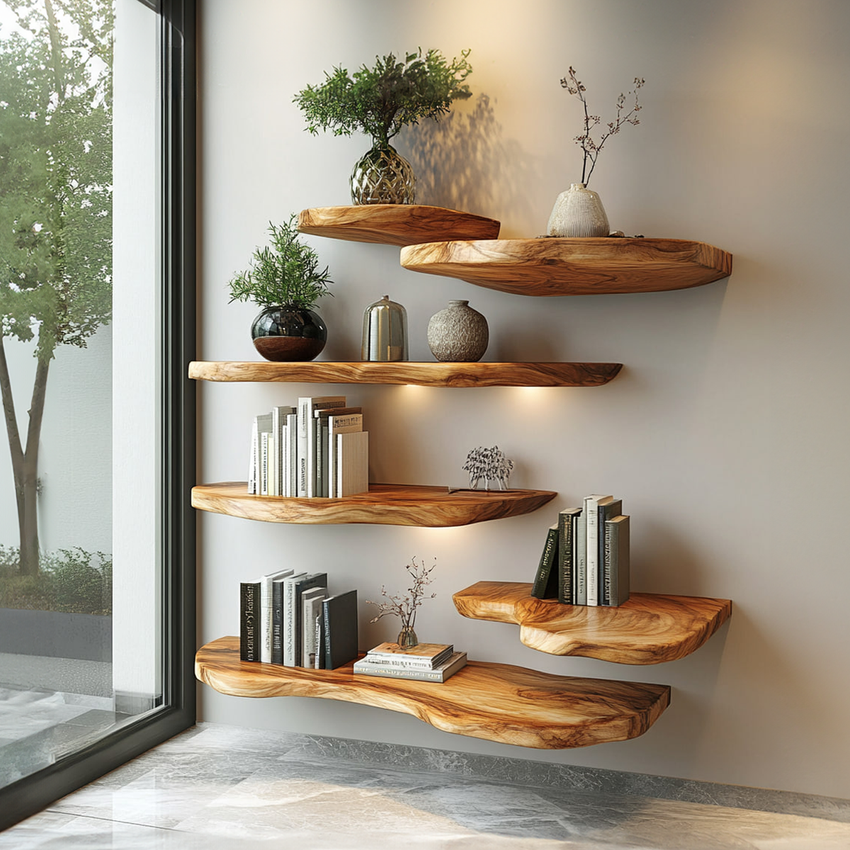 Live Edge Wall Shelf, Rustic Natural Wood Floating Ledge for Bedroom