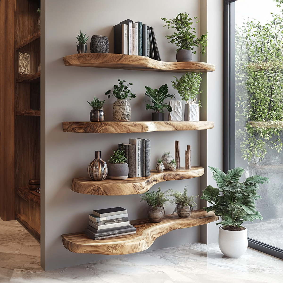 Floating Bookshelf, Rustic Live Edge Solid Wood for Living Room
