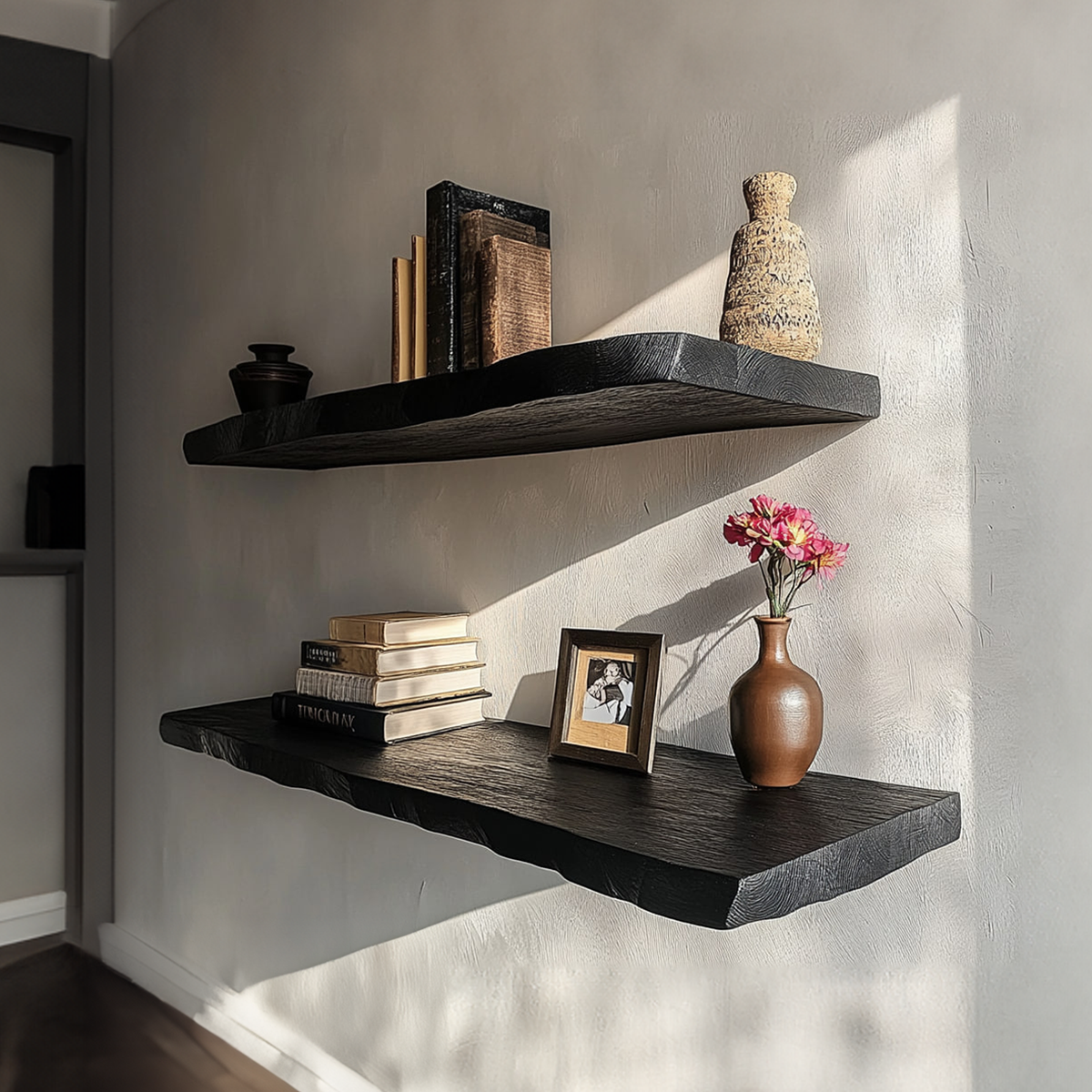 Black Live Edge Floating Shelf, Rustic Modern Solid Wood Wall Shelf