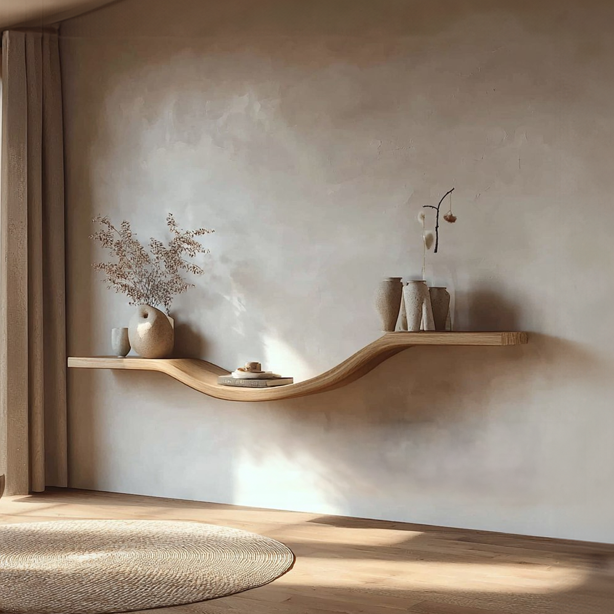 Floating Wall Shelf, Organic Modern Curved Solid Wood for Entryway