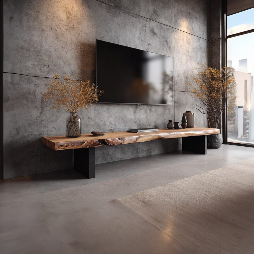 Low TV Stand, Mid Century Modern Natural Wood Slab Media Console