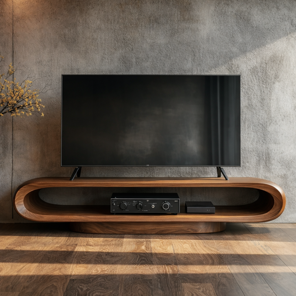 Low Profile Curved Edge Wooden Media Console For Living Rooms