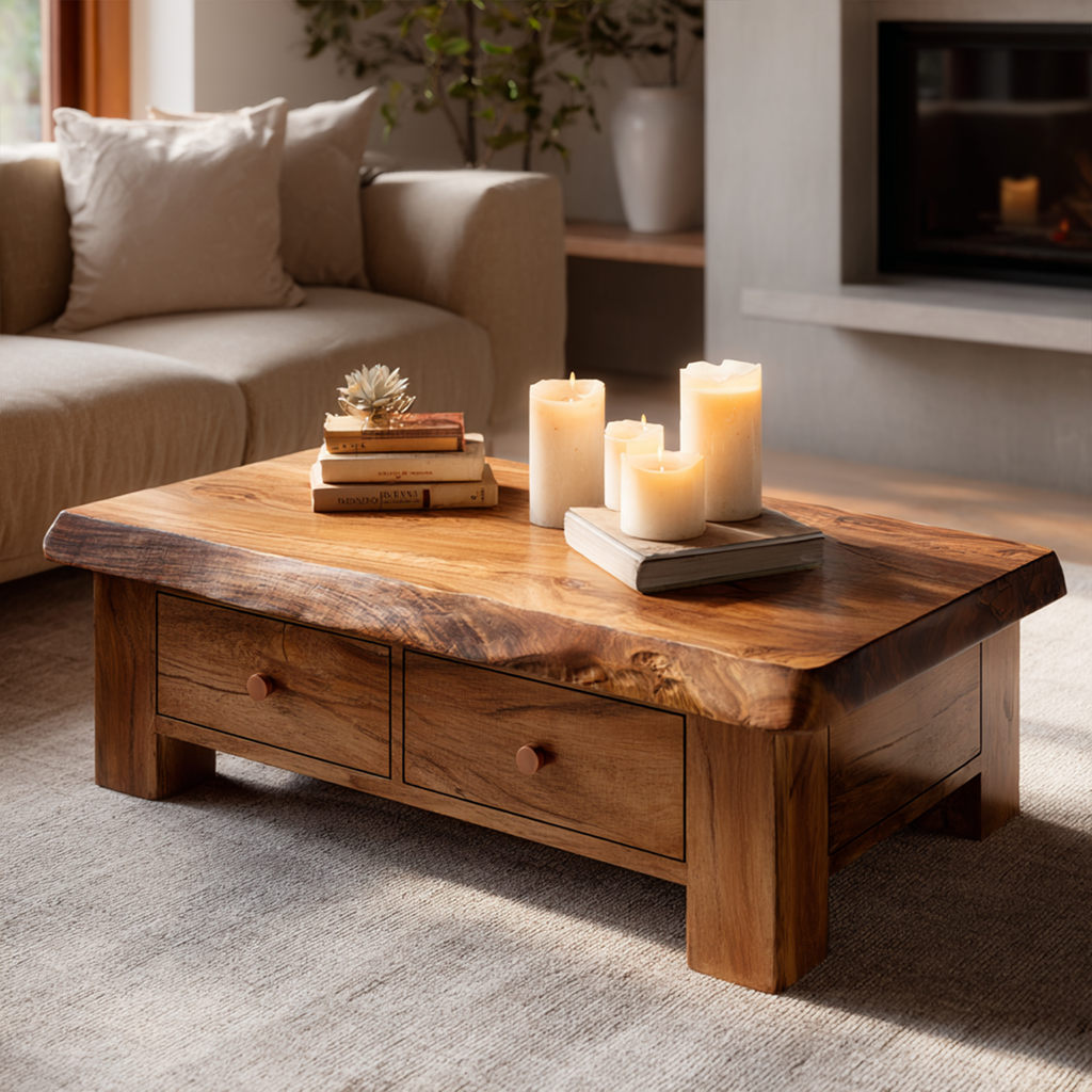 Tamarind Wood Coffee Table With Storage Drawer, 30 To 50 Inch