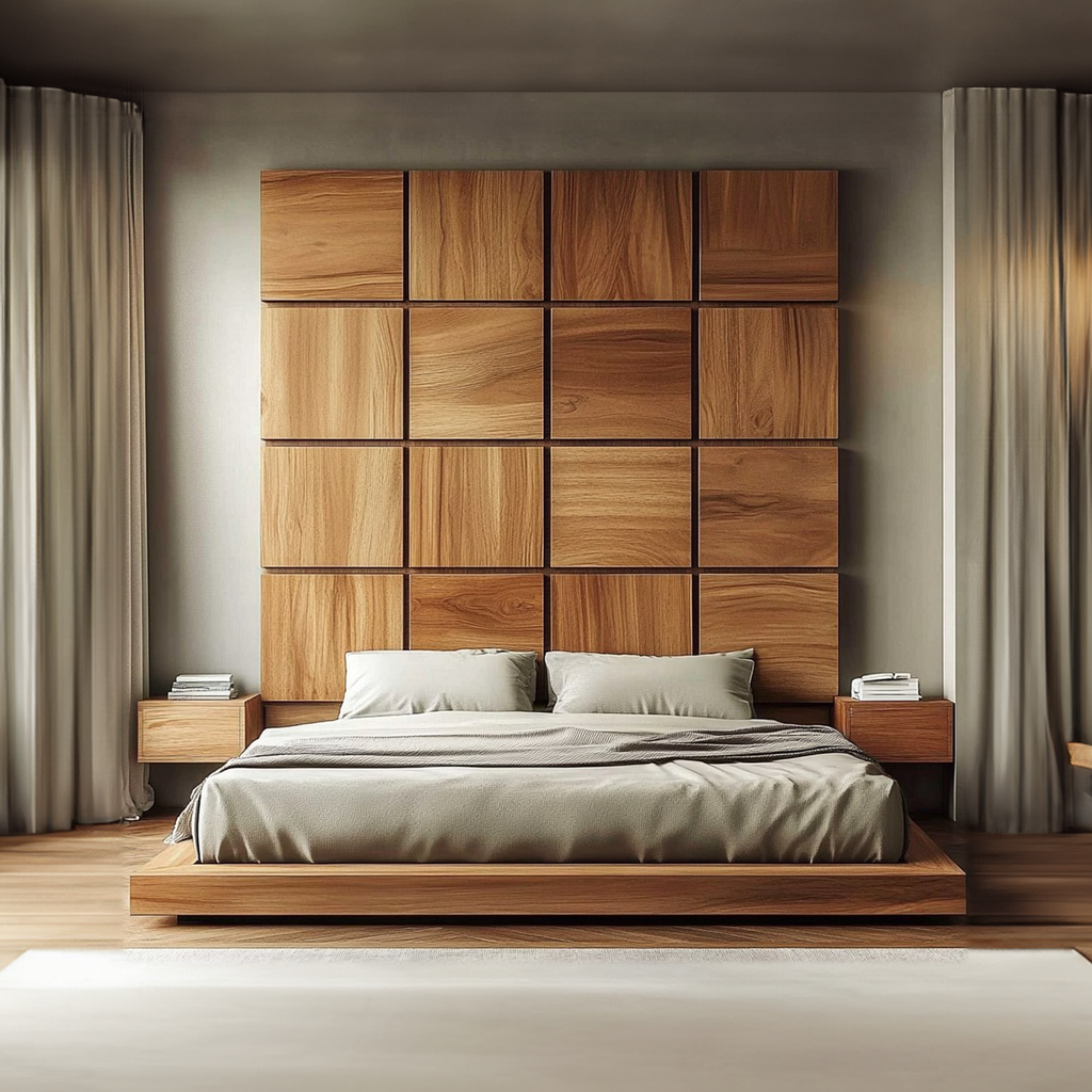Handcrafted Wooden Panel Headboard Solid Wood Bedroom Interior Clean Line Design