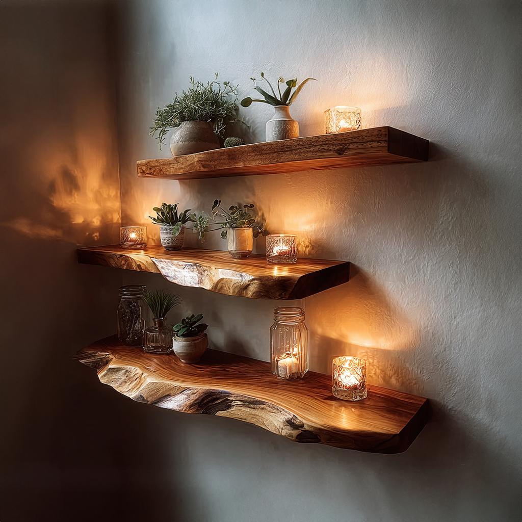 Live Edge Candle Shelf, Rustic Tamarind Wood Floating Bedroom Ledge