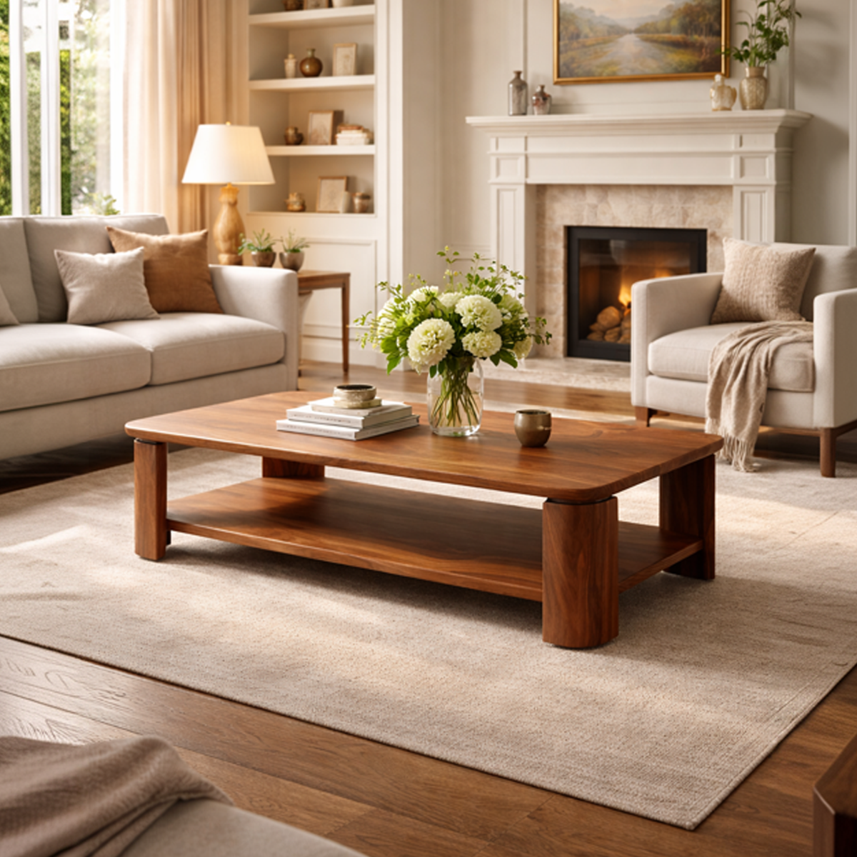 Solid Tamarind Wood Coffee Table With Clean Modern Lines, 24 To 50 In