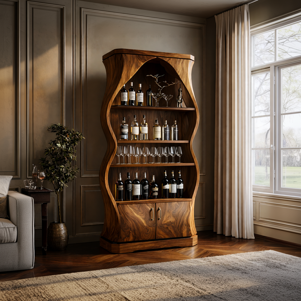 Mid-Century Solid Wood Bar Cabinet With Open Bottle Shelving
