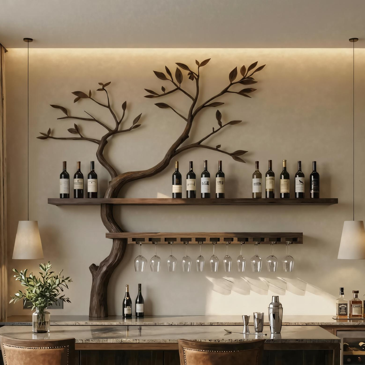 Artistic Tree Shaped Wooden Wall Wine Rack Bar Bottle Display Shelf Restaurant Bar Decor