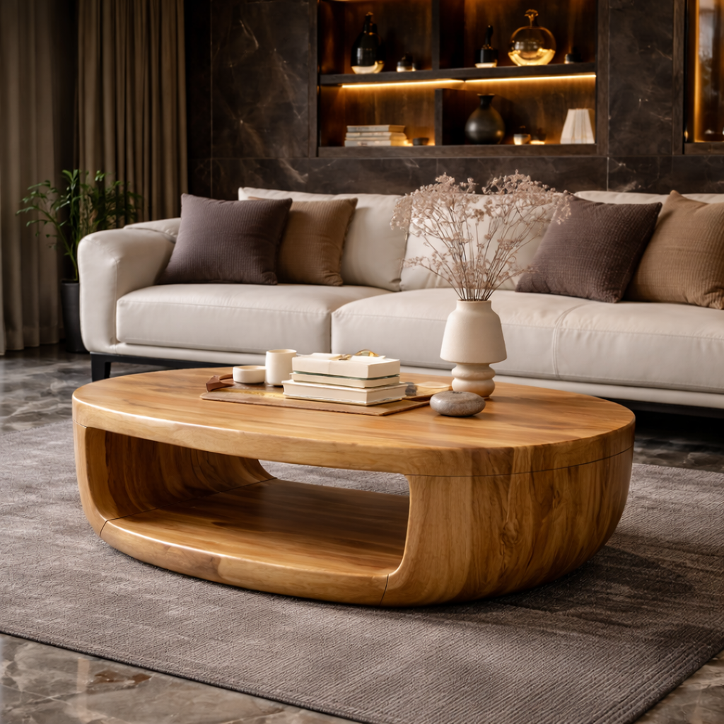 Shell Shaped Solid Tamarind Coffee Table, 22 To 42 Inch Wide