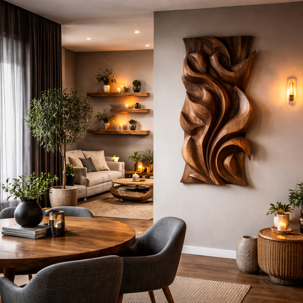 Layered Circle Carved Wood Wall Panel, 18 x 48 Inch Vertical Art