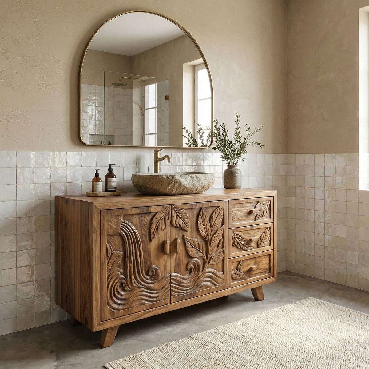 Bohemian Solid Wood Bathroom Vanity Leaf Carved Storage Cabinet