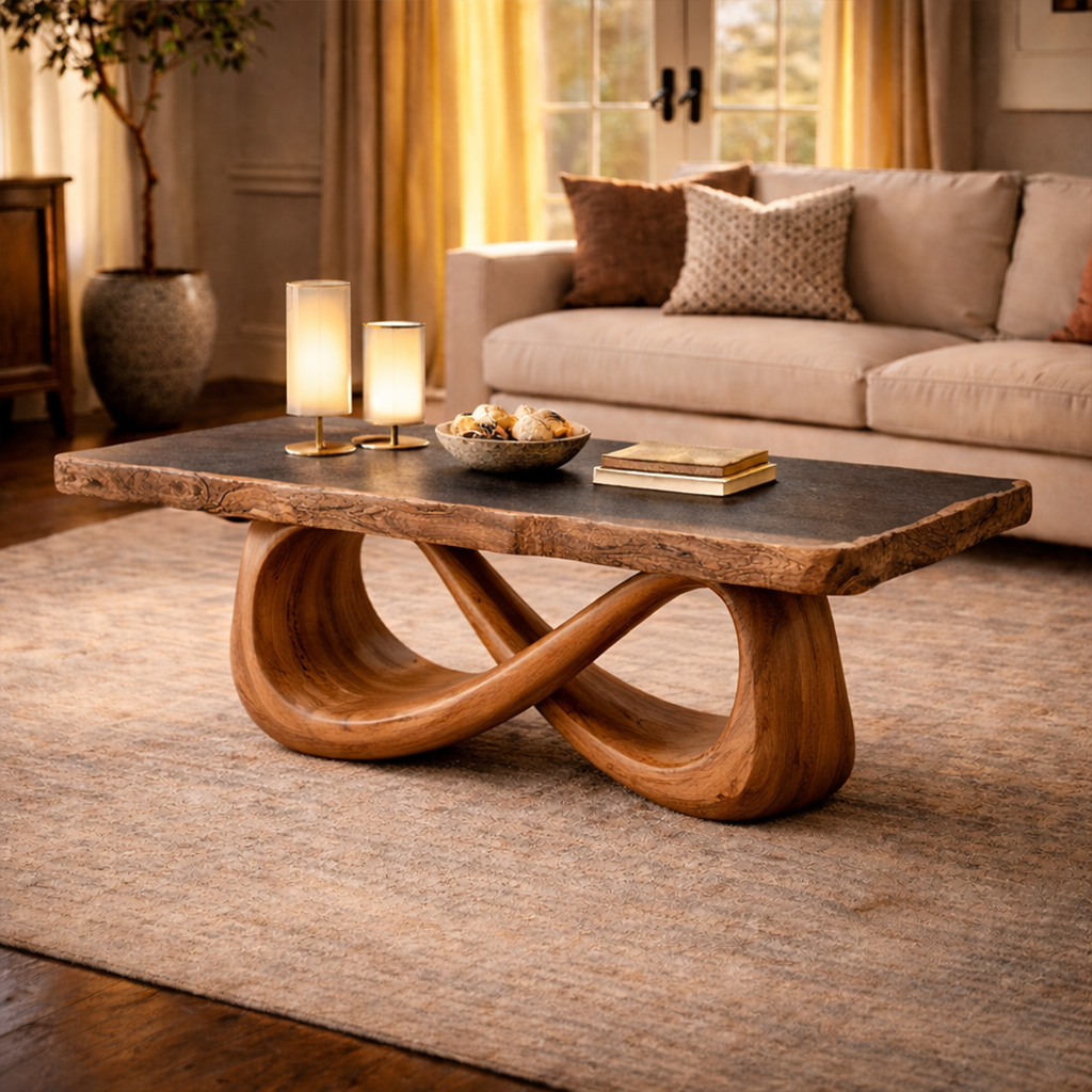 Sculptural Loop Coffee Table, Warm Modern Tamarind Wood Table