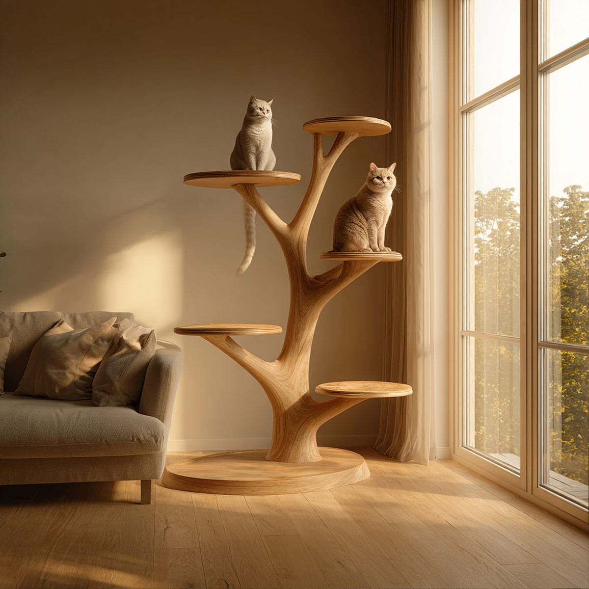 Wooden Cat Tree Tower, Rustic Solid Wood Cat Climber for Home